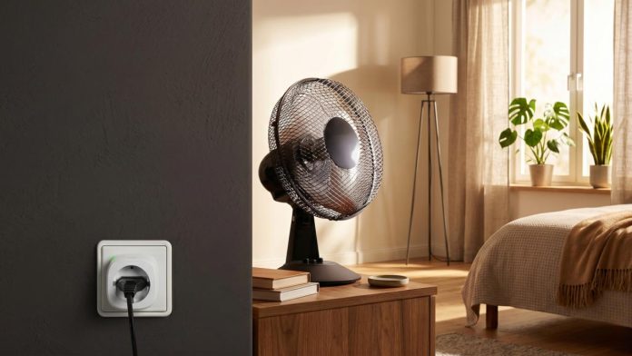 Ein schwarzer Ventilator auf einem hölzernen Nachttisch in einem hellen Schlafzimmer – ideal, um dein Zuhause ohne teure Klimaanlage zu kühlen.