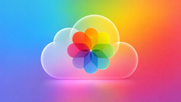 Eine gläserne 3D-Wolke mit dem farbenfrohen Apple-Fotos-Symbol in der Mitte, passend zu der Nachricht, dass iCloud-gemeinsame Alben nun auch für Android und Windows verfügbar sind, vor einem lebhaften Regenbogenhintergrund.