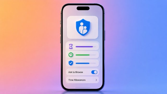 Ein Smartphone, auf dem die Benutzeroberfläche der Kindersicherung für iOS 27 zu sehen ist, mit Optionen für Zeitlimits und sicheres Surfen vor einem farbenfrohen orange-blauen Hintergrund.
