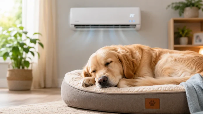 Ein Golden Retriever schläft gemütlich in seinem Körbchen unter einer laufenden Klimaanlage – eine Lösung, um Ihr Haustier während einer Hitzewelle kühl zu halten.