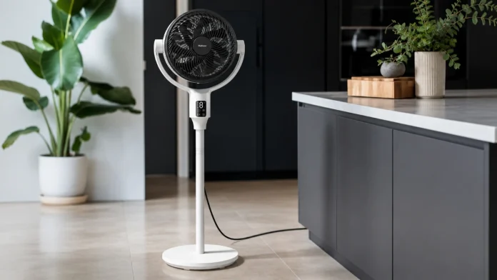 Ein stilvoller weißer Ventilator für das Schlafzimmer mit schwarzem Gitter und digitaler Anzeige steht in einem modernen Interieur neben einer großen Zimmerpflanze.
