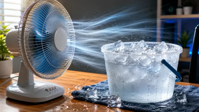 Ein weißer Tischventilator bläst in dieser Anordnung aus Ventilator und Eis einen erfrischenden Strom kalter Luft über einen mit Eiswürfeln gefüllten Eimer.