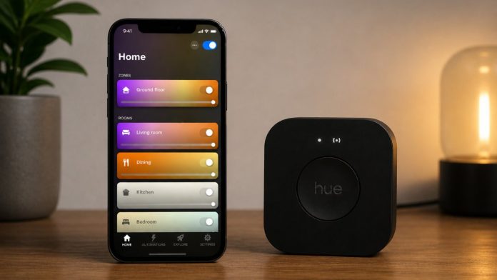 Philips Hue Bridge Pro neben Smartphone mit geöffnetem Hue-Dashboard auf einer Holzkommode mit Licht und Pflanze im Hintergrund