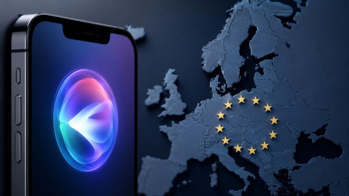 iPhone mit Siri vor einer Europakarte mit angedeuteter Europaflagge