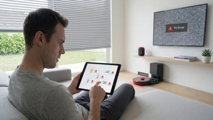 Ein Mann sitzt auf der Couch und betrachtet konzentriert ein Tablet, auf dem ein Netzwerkdiagramm von Smart-Home-Geräten zu sehen ist, die alle eine rote „ERROR“-Meldung anzeigen. Dies unterstreicht die Notwendigkeit, Fehler im Smart Home zu vermeiden.