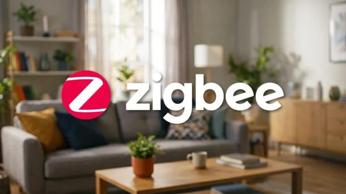 Weißes Zigbee-Logo (roter Kreis mit weißem Z) und Text vor einem verschwommenen Hintergrund, der ein modernes, helles Wohnzimmer zeigt.