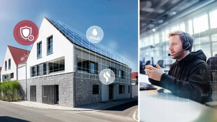 Ein Haus mit Icons für Sicherheit, Wasser- und Brandschutz und ein Mitarbeiter in einer Telefonzentrale. So funktioniert Bosch Security+