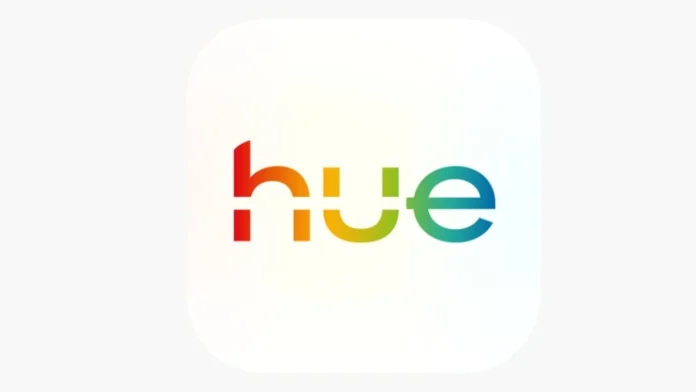 Ein minimalistisches HUE-Logo mit einem farbenfrohen Regenbogenverlauf auf weißem Hintergrund.