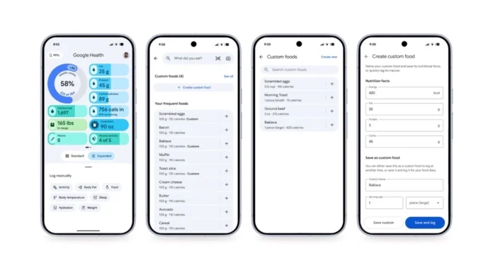 Vier Smartphone-Bildschirme zeigen detaillierte Übersichten und Menüs zur Erfassung von Ernährung und Fitness im Rahmen des neuen Google Health App Updates 5.04.
