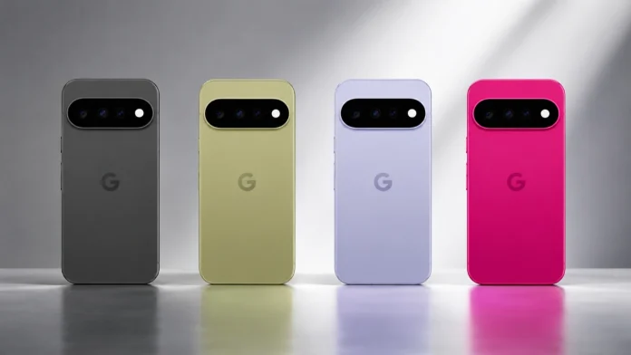 Vier Smartphones in den neuen Google-Pixel-11-Farben Dunkelgrau, Olivgrün, Lila und Knallrosa stehen nebeneinander vor einem hellen Hintergrund.