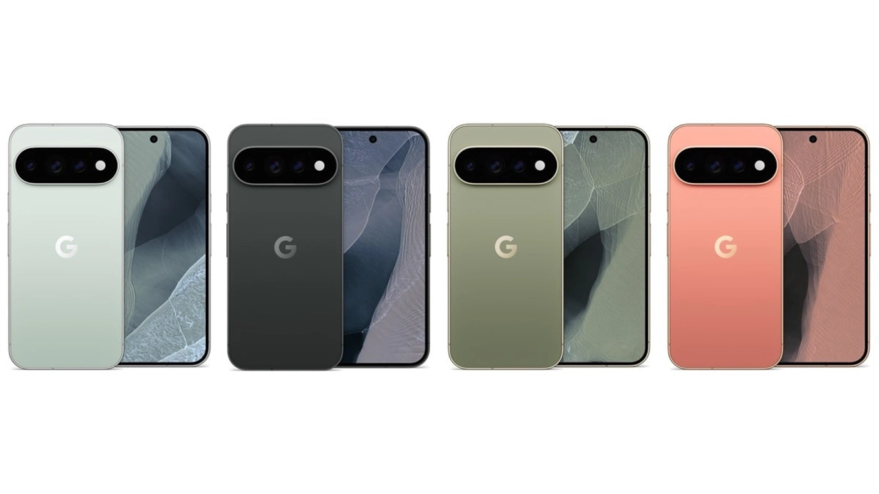 Eine Übersicht über vier Smartphones in verschiedenen Google-Pixel-11-Farben, darunter Hellgrün, Schwarz, Olivgrün und Korallenrosa, die sowohl von vorne als auch von hinten gezeigt werden.