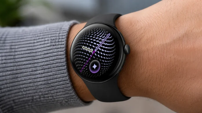 Pixel Watch am Handgelenk mit minimalistischem Ziffernblatt und Gemini-Logo