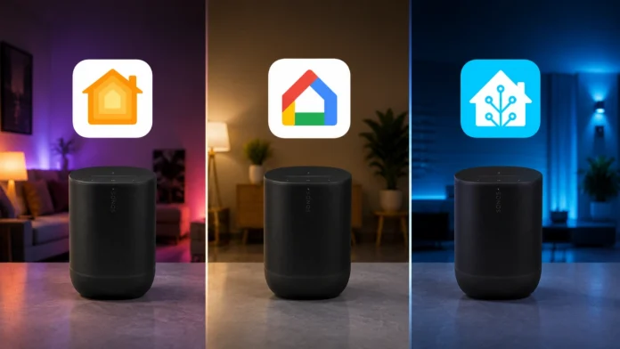 Sonos Lautsprecher mit den Logos von Apple Home, Google und Home Assistant werden in drei stimmungsvoll beleuchteten Bereichen als Teil des jeweiligen Ökosystems präsentiert.