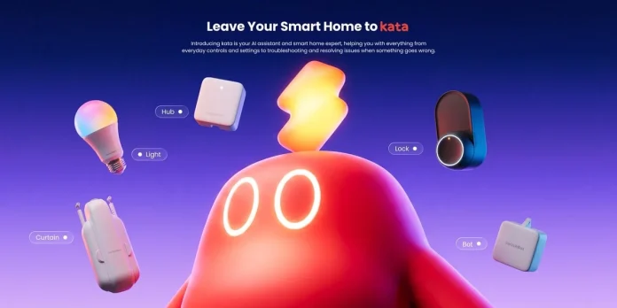 SwitchBot Produkte und kata-Maskottchen auf blauem Hintergrund mit Überschrift