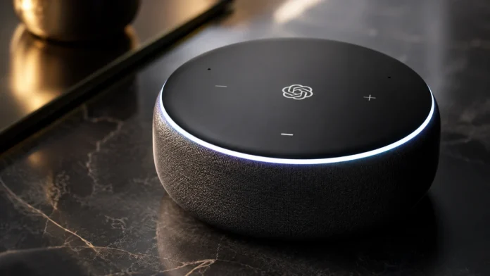 Ein moderner schwarzer Smart Speaker mit dem OpenAI-Logo und einem leuchtenden Lichtring auf einer Marmoroberfläche veranschaulicht die Integration von ChatGPT.