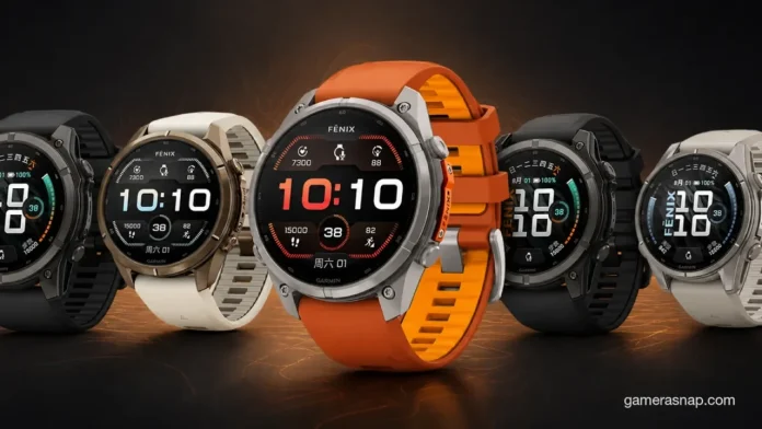 Fünf Garmin Fenix 9 Smartwatches in verschiedenen Farben, darunter ein auffälliges orangefarbenes Modell vor einem dunklen Hintergrund.