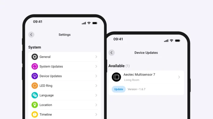 Einstellungen der Homey-App und Geräte-Updates für Smart-Geräte wie den Aeotec Multisensor 7.