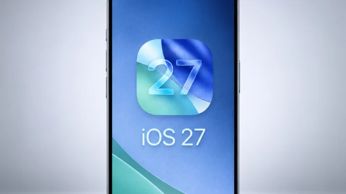 Eine Nahaufnahme eines Smartphone-Bildschirms mit dem iOS 27-Logo und einem transparenten Glas-Symbol auf blauem Hintergrund.