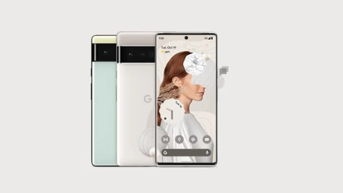 Drei Google-Pixel-Smartphones in verschiedenen Farben, darunter Hellgrün und Weiß, wobei das vordere Gerät ein künstlerisches Porträt auf dem Bildschirm zeigt.
