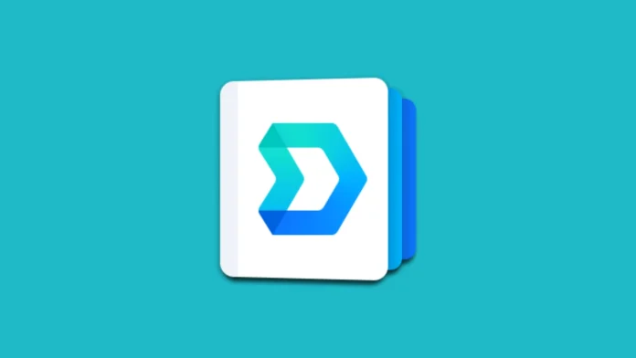 Das offizielle Synology Drive-Symbol mit einem stilisierten blauen Pfeil in einem weißen Rahmen auf hellblauem Hintergrund.