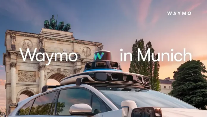 Waymo Auto vor dem Münchener Siegestor bei Sonnenuntergang. Ein Schriftzug 