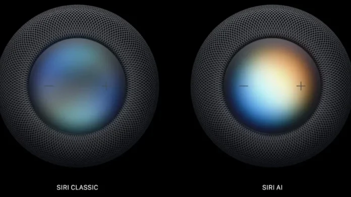 Draufsicht auf einen Apple HomePod mit Siri Classic und Siri AI Interface und bunten Lichteffekten.