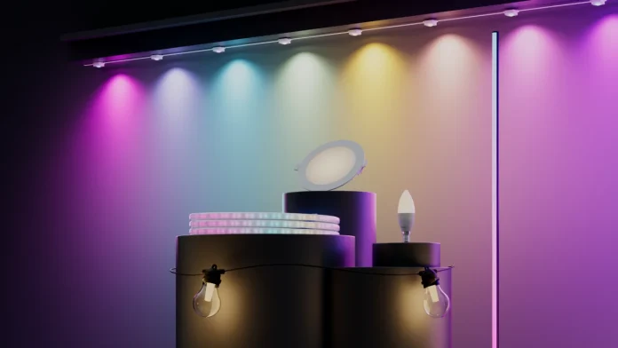 Aqara Smart-Lighting-Display mit LED-Streifen, Glühbirnen und Downlights vor einem farbenfrohen Hintergrund.