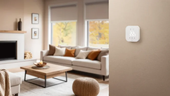 eve Thermostat an einer Wand zeigt 22 Grad, modernes Wohnzimmer im Hintergrund.