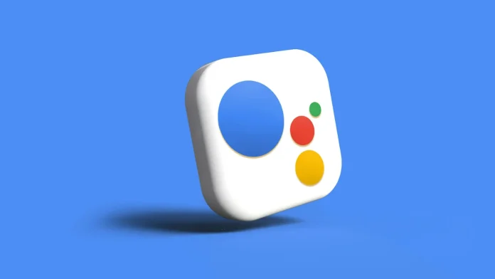 3D-Logo des Google Assistant mit bunten Punkten auf blauem Hintergrund.