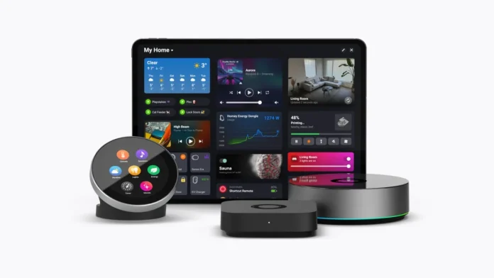 Homey-Smart-Home-Geräte wie der Homey Pro und die Bridge mit dem zentralen Dashboard auf einem Tablet.