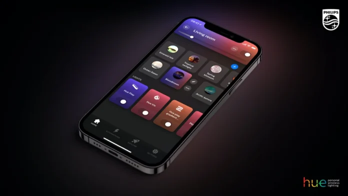 Die Philips Hue-App auf einem Smartphone zum Einrichten stimmungsvoller Lichtszenen im Wohnzimmer.