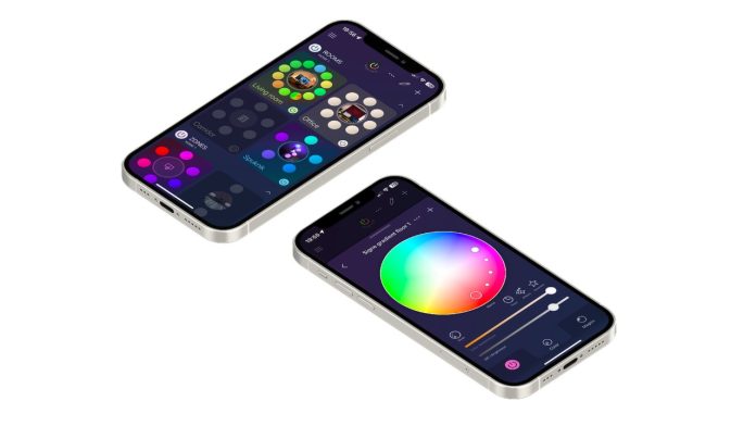 iConnectHue-Update: Zwei iPhones zeigen die iConnectHue-App mit dunkler Oberfläche voller bunter Kreise und einem großen Farbrad zur Steuerung smarter Beleuchtung.