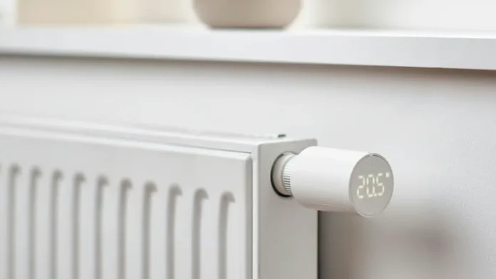 Ein intelligentes Thermostat-Heizkörperventil von Ikea, das an einem weißen Heizkörper im Wohnzimmer 20,5 Grad anzeigt.