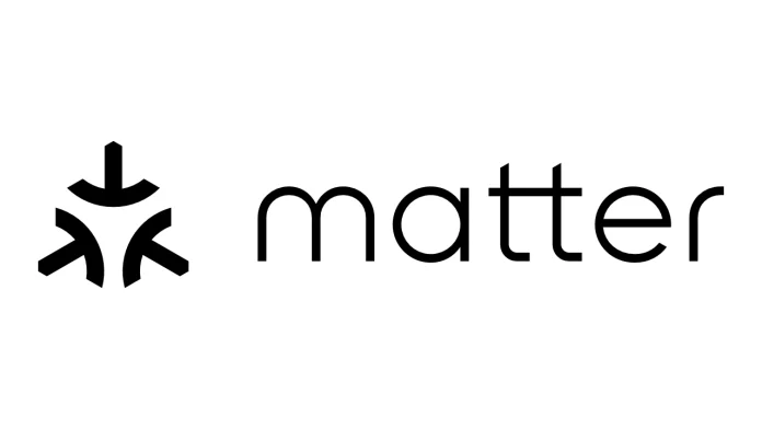 Ein schlichtes, modernes schwarzes Matter-Logo mit einem geometrischen Symbol aus drei verbundenen Bögen auf weißem Hintergrund.