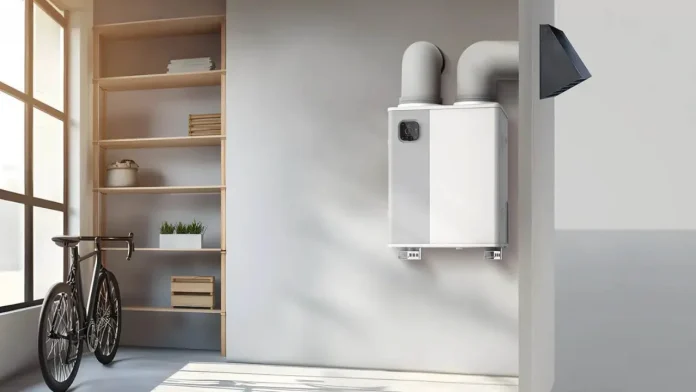 Midea Wärmepumpe H-Pack an der Wand in einem modernen Innenraum für nachhaltiges Heizen.