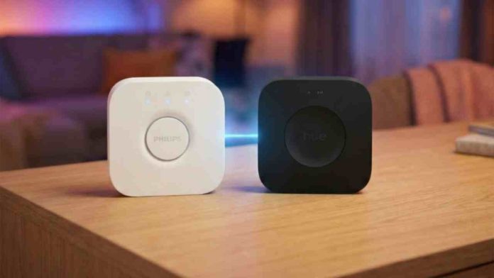 Philips Hue Bridge und Bridge Pro auf einer hölzernen Oberfläche