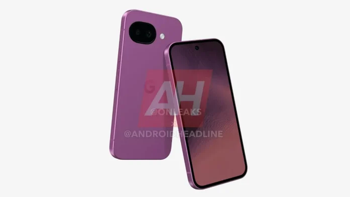 Google Pixel 11a Render: Violettes Smartphone mit Dual-Kamera und flachem Display.
