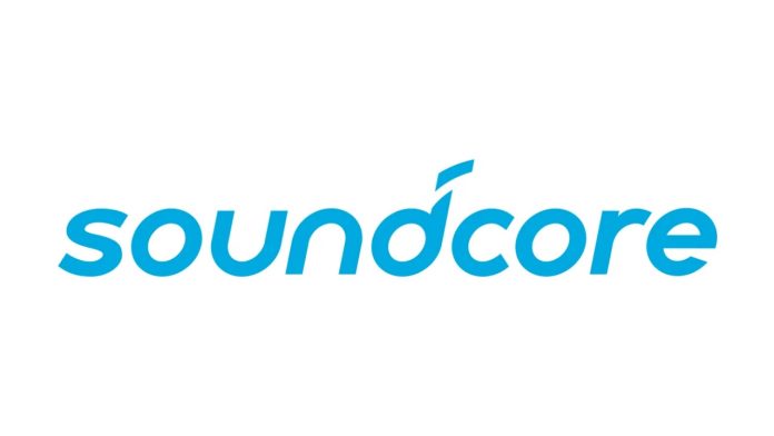 Hellblaues Soundcore-Logo auf weißem Hintergrund, in Anlehnung an „Soundcore Verschwindet“.