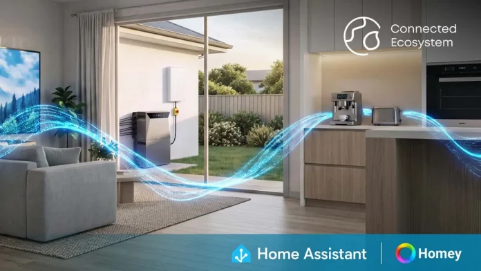 Wohnzimmer und Küche mit Heimspeicher im Garten, vernetzt über Home Assistant und Homey