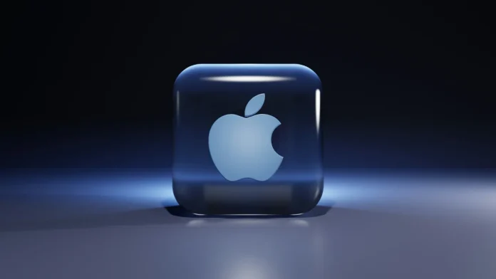 Modernes 3D-Apple-Logo in einem transparenten blauen Würfel vor minimalistischem dunklem Hintergrund.