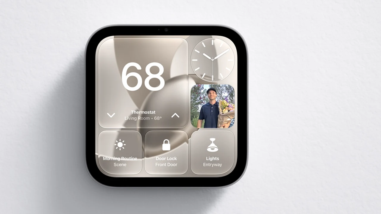 Apple HomeView als Wandmodell mit dem Home-Modular-Bildschirm mit Thermostat, Uhr, Türschloss und Beleuchtung