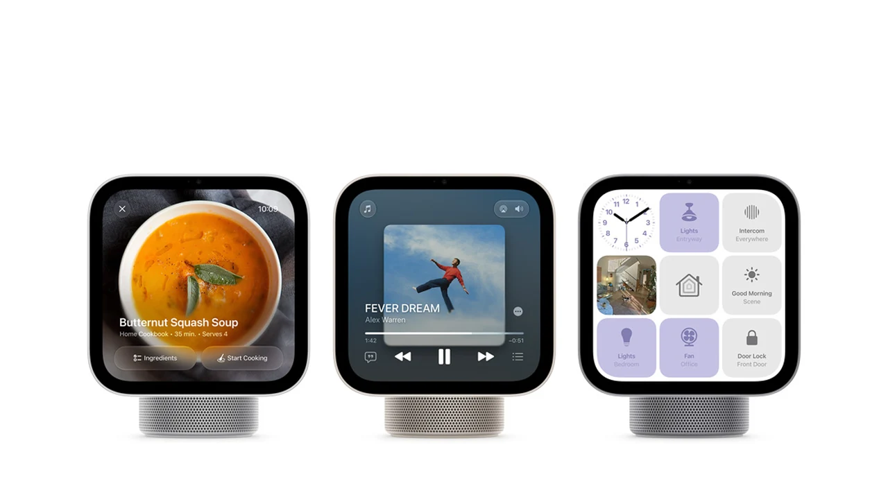 Drei Apple-HomeView-Displays mit einem Rezept, der Musik-App und dem Home-Bildschirm mit smartem Zubehör