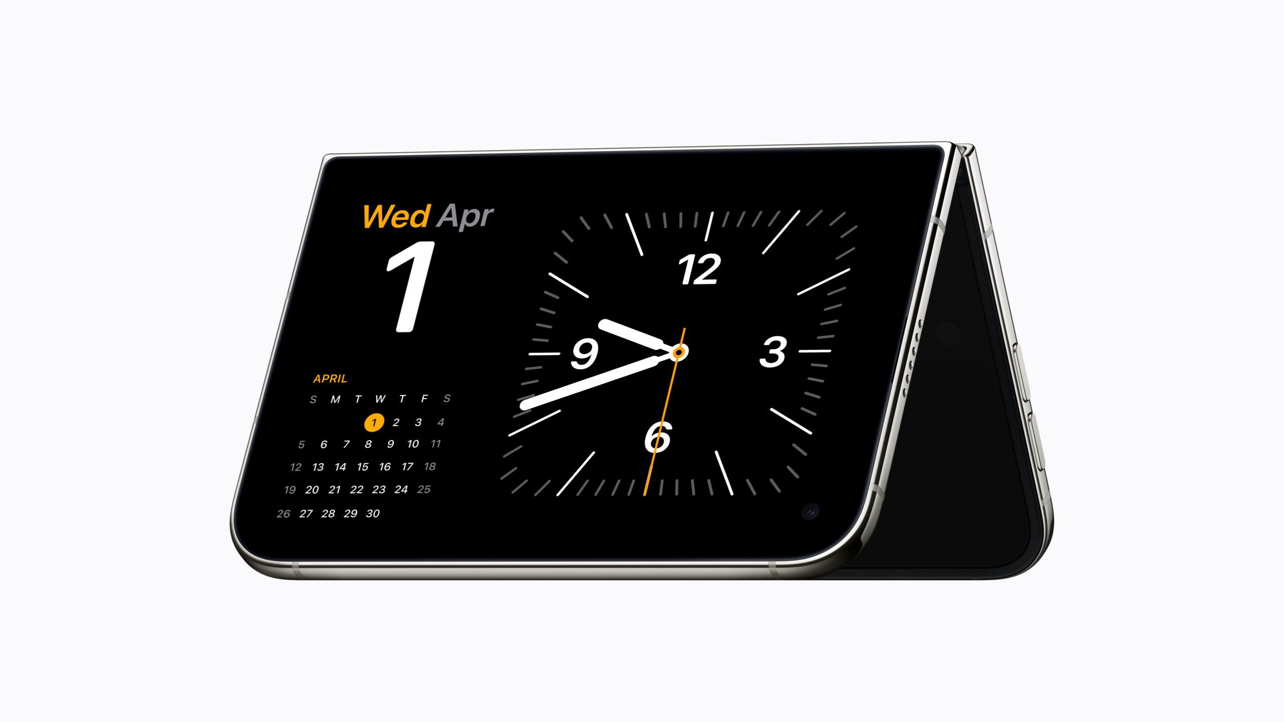 Zugeklapptes iPhone Duo, das quer aufgestellt Uhr und Kalender im StandBy zeigt