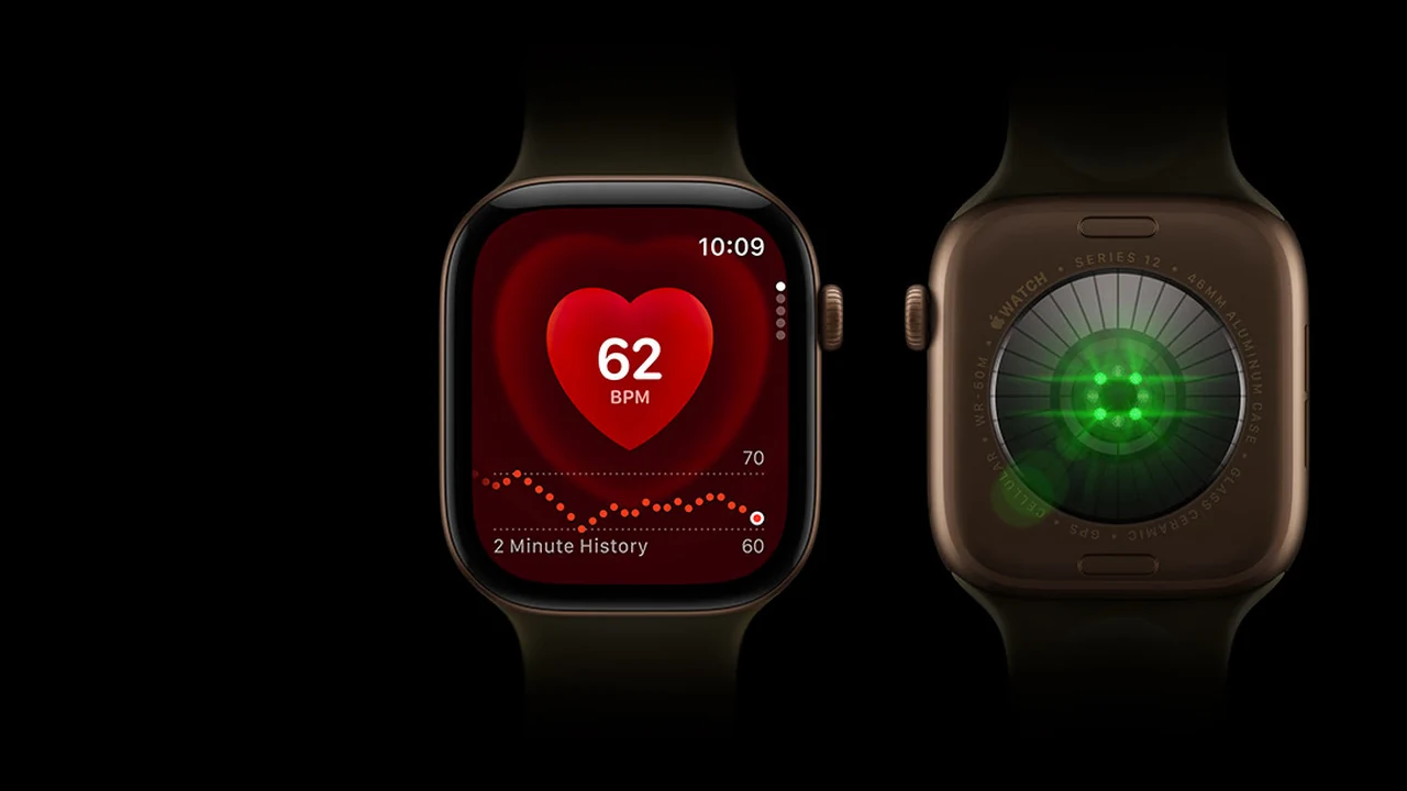 Apple Watch Series 12 mit Herzfrequenz-Anzeige von 62 BPM neben dem neuen Herzsensor auf der Rückseite