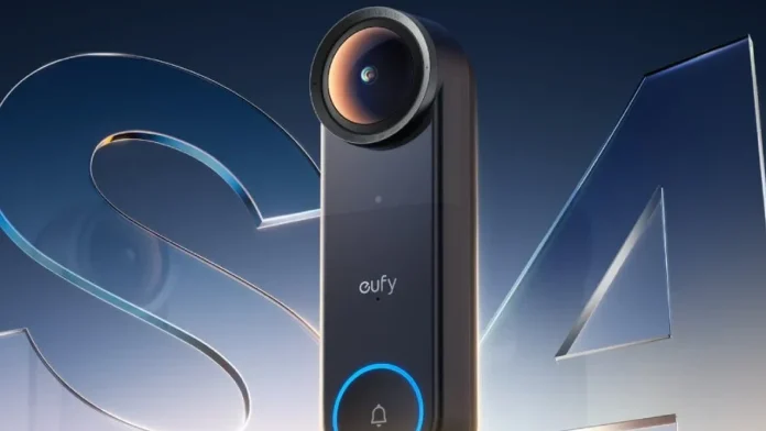 Eufy Video Doorbell S4 Videotürklingel vor einem Glas-Hintergrund mit S4-Logo und blauem Lichtring um den Klingelknopf