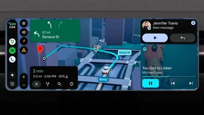 Google Android Auto Dashboard mit Navigation, Spotify und Nachrichten auf einem Autobildschirm.