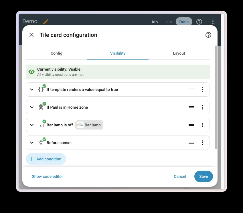 Der Reiter Sichtbarkeit einer Tile-Karte in Home Assistant mit Bedingungen für Template, Zone, Gerät und Sonne