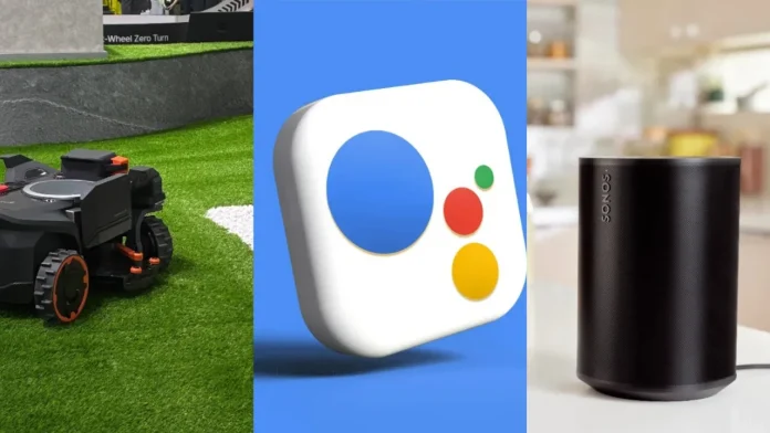 Überblick über smarte Geräte: Mähroboter, Google-Assistant-Symbol und Sonos-Lautsprecher.