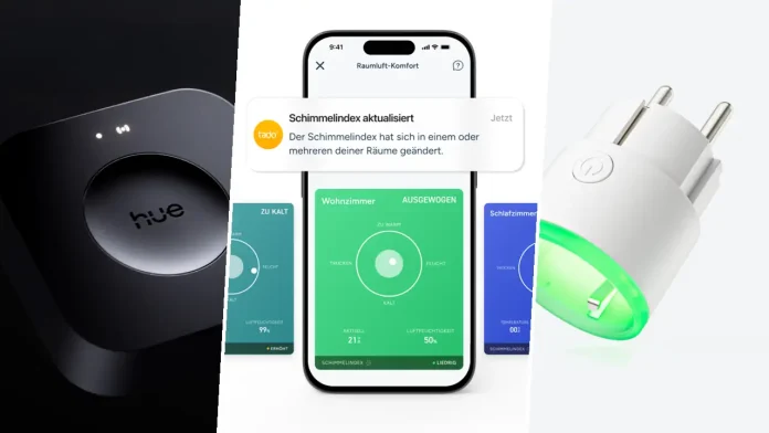Collage aus der Philips Hue Bridge Pro, dem Schimmelindex in der tado° App und der HomeWizard Energy Socket