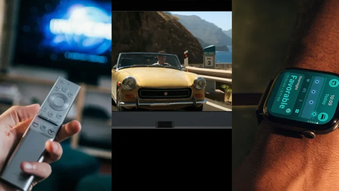 Smart-Home-Überblick für Unterhaltung und Gesundheit mit Fernbedienung, Film und Smartwatch.